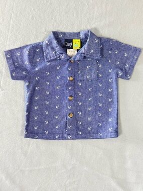 6-9M Mick Mack Anchor Button Up Shirt Blue Nautical Summer Top